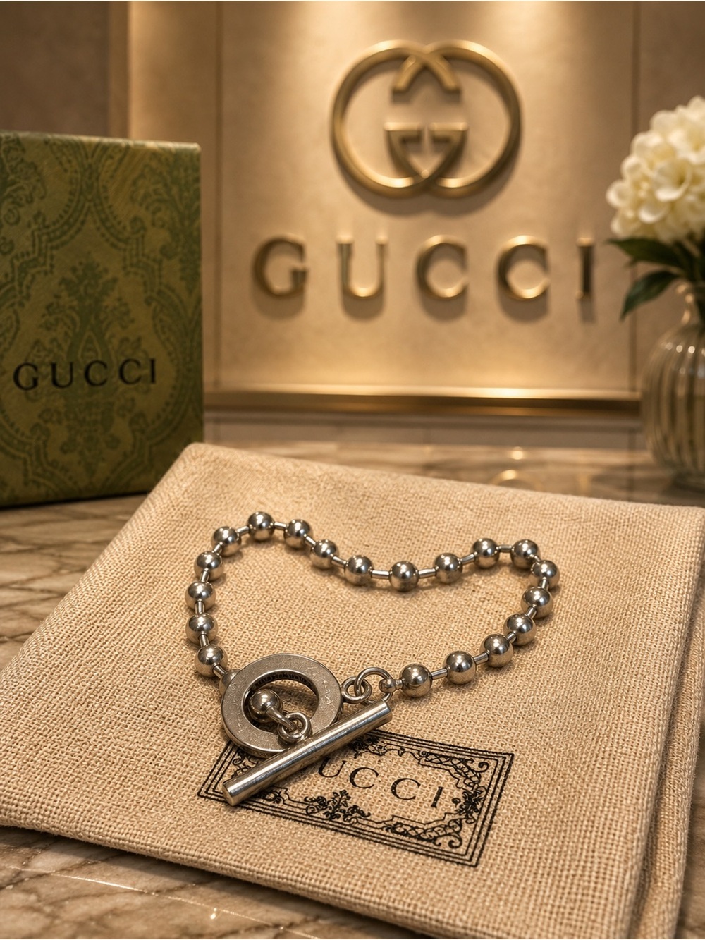 Gucci sterling silver ball chain toggle bracelet